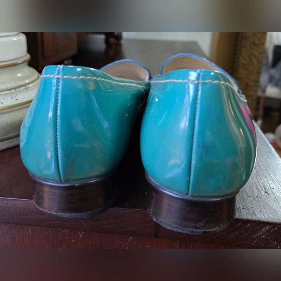 PRADA teal- turquoise patent leather penny loafers odd square toe! sz 38.5 - Picture 7 of 9